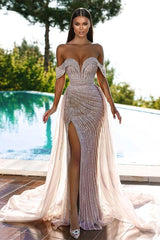 Gorgeous Off The Shoulder Sweetheart Mermaid Evening Dress with Sequins, Slit, and Tulle