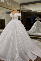 Gorgeous Off the Shoulder Long Ball Gown Wedding Dress with Sequins