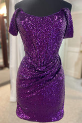 Grape Detachable Off the Shoulder Sequin Tight Prom Dress