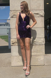 Grape Sequin Prom Dress with Open Back