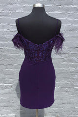 Grape Sequin Spaghetti Straps Short Prom Dress With Feathers