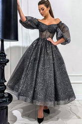 Gray A Line Off The Shoulder Sequined Formal Dress With Short Sleeves