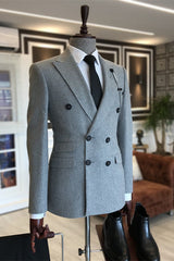 Gray Double Breasted Peaked Lapel Business Suit