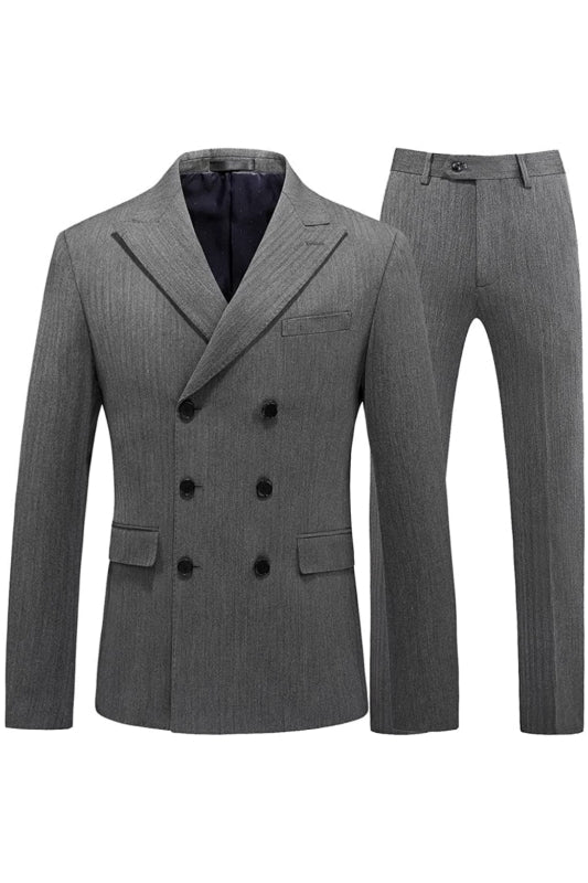 Gray Double Breasted Striped Peaked Lapel Business Suit for Men