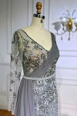 Gray Mermaid Prom Dress Long Sleeve V Neck Formal Dress With 3D Flowers