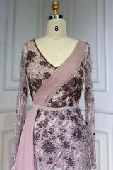 Gray Mermaid Prom Dress Long Sleeve V Neck Formal Dress With 3D Flowers