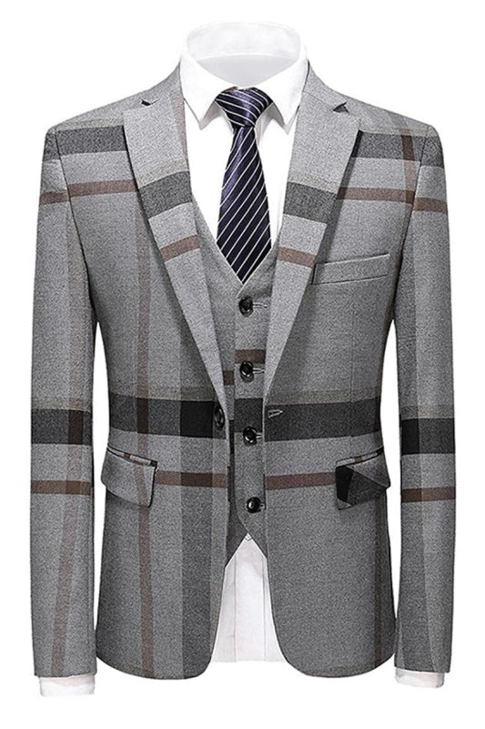 Gray Notched Lapel Three Piece Business Suit for Men