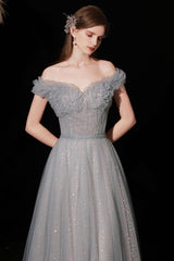 Gray Prom Dress A Line Tulle Long Formal Party Dress Evening Dress