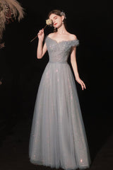 Gray Prom Dress A Line Tulle Long Formal Party Dress Evening Dress