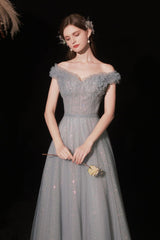 Gray Prom Dress A Line Tulle Long Formal Party Dress Evening Dress