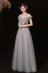 Gray Prom Dress A Line Tulle Long Formal Party Dress Evening Dress