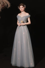 Gray Prom Dress A Line Tulle Long Formal Party Dress Evening Dress