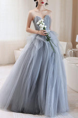 Gray Prom Dress Tulle Off the Shoulder Long Formal Evening Dress