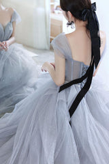 Gray Prom Dress Tulle Off the Shoulder Long Formal Evening Dress