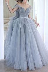 Gray Prom Dress Tulle Off the Shoulder Long Formal Evening Dress