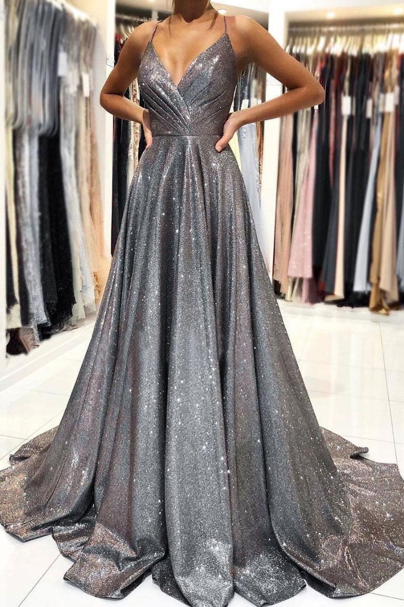 Gray Prom Dress V Neck Satin Long Evening Dress