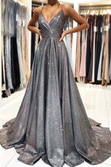 Gray Prom Dress V Neck Satin Long Evening Dress