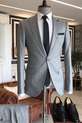 Gray Striped Notched Lapel 2 Piece Newest Business Suit