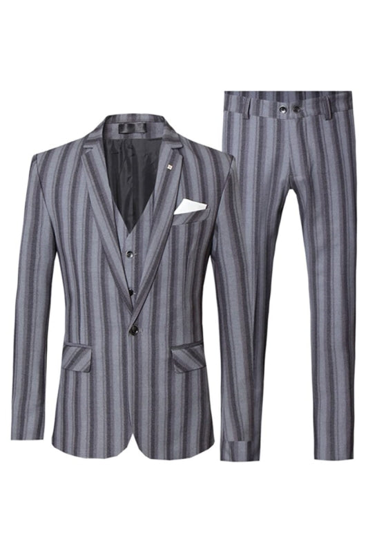 Gray Striped Notched Lapel 3 Piece Business Suit