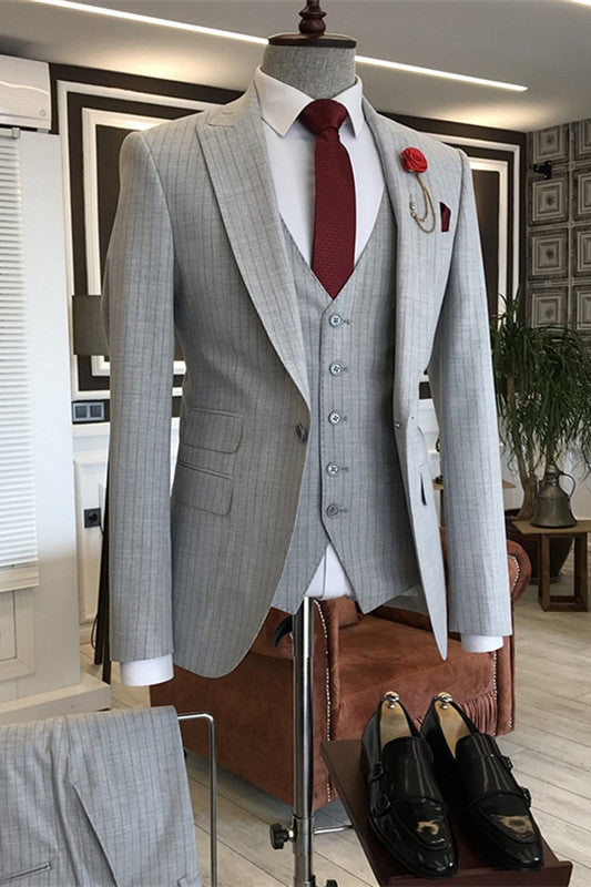 Gray Striped Three Piece Peaked Lapel Business Suit