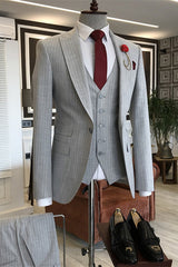 Gray Striped Three Piece Peaked Lapel Business Suit