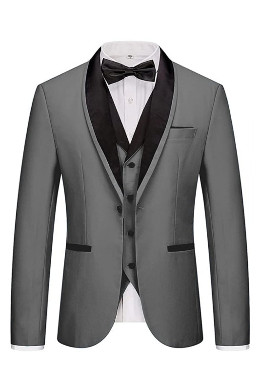 Gray Three Piece Shawl Lapel Wedding Suit for Men