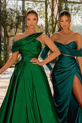 Green A Line Prom Dress Asymmetric Neck Satin Formal Dress
