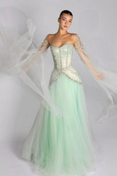 Green A Line Prom Dress Long Sleeve Sweetheart Beaded Formal Dress