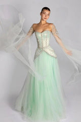 Green A Line Prom Dress Long Sleeve Sweetheart Beaded Formal Dress