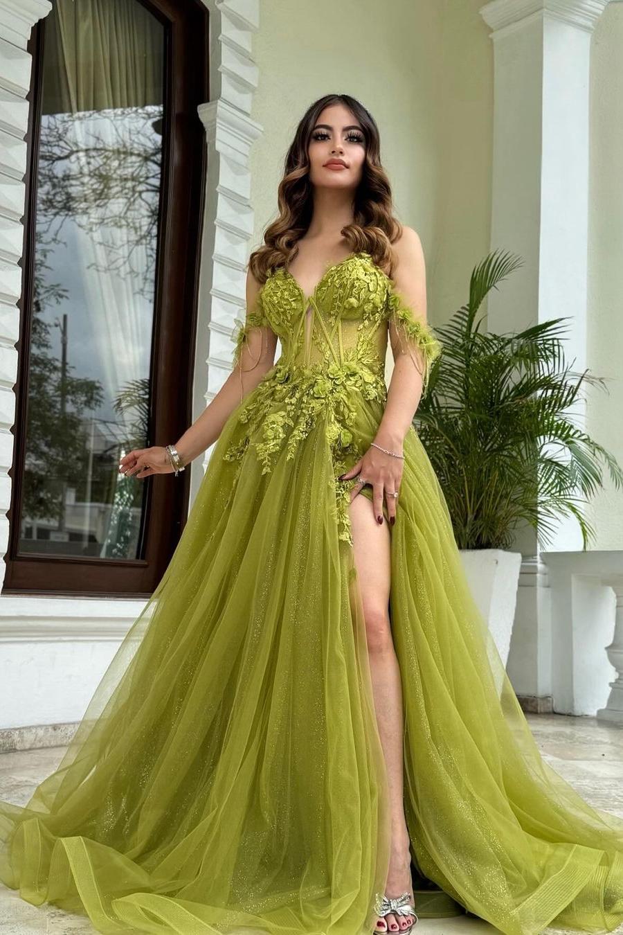 Green A Line Prom Dress Off the Shoulder Formal Dress With Lace Appliques