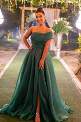 Green A Line Prom Dress One Shoulder Organza Formal Dress
