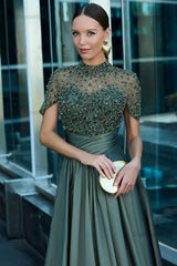 Green A Line Prom Dress Short Sleeve High Neck Beaded Formal Dress