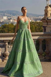 Green A Line Prom Dress Sleeveless Spaghetti Straps Beaded Formal Dress