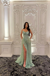 Green A Line Prom Dress Sleeveless Spaghetti Straps Formal Dress With Lace Appliques