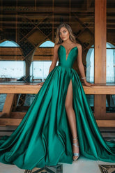 Green A Line Prom Dress Sleeveless Sweetheart Satin Formal Dress