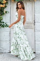 Green Asymmetrical Printed Bridesmaid Dress Long Wedding Party Dress with Strapless