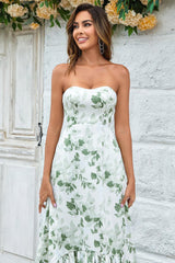 Green Asymmetrical Printed Bridesmaid Dress Long Wedding Party Dress with Strapless