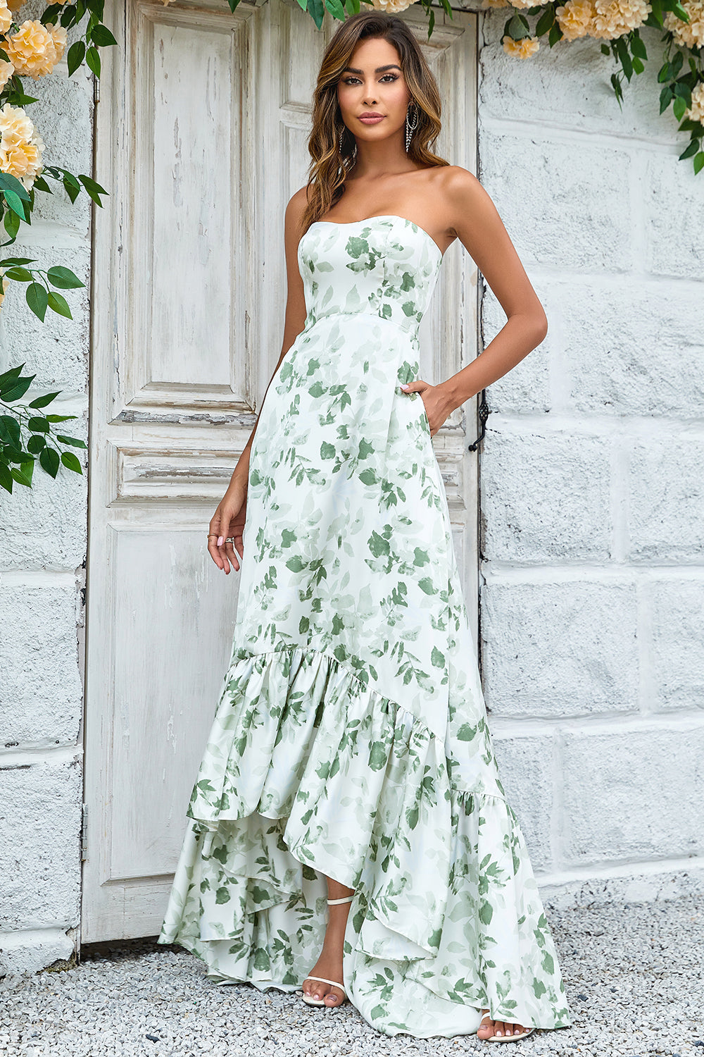 Green Asymmetrical Printed Bridesmaid Dress Long Wedding Party Dress with Strapless