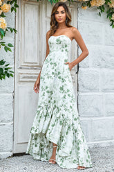 Green Asymmetrical Printed Bridesmaid Dress Long Wedding Party Dress with Strapless
