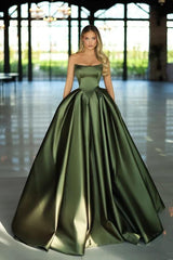 Green Ball Gown Prom Dress Sleeveless Strapless Satin Formal Dress