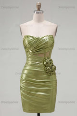 Green Strapless Ruched Corset Tight Short Homecoming Dress with 3D Flowers