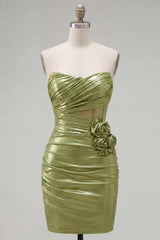 Green Corset Short Tight Strapless Ruched Homecoming Dress with 3D Flowers