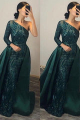 Green Detachable Train Prom Dress Long Sleeve One Shoulder Sequined Formal Dress