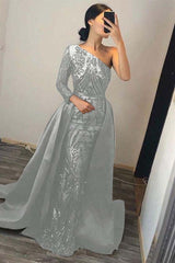 Green Detachable Train Prom Dress Long Sleeve One Shoulder Sequined Formal Dress