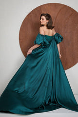 Green Detachable Train Prom Dress Puff Sleeve Strapless Satin Formal Dress