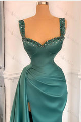 Green Detachable Train Prom Dress Sleeveless Straps Beaded Formal Dress
