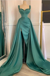 Green Detachable Train Prom Dress Sleeveless Straps Beaded Formal Dress