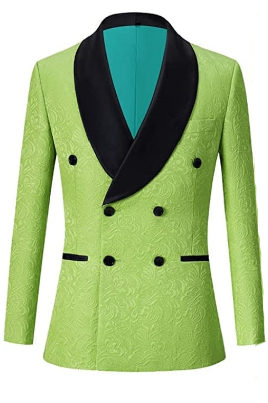 Green Double Breasted Jacquard Wedding Suit with Black Velvet Shawl Lapel