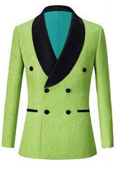 Green Double Breasted Jacquard Wedding Suit with Black Velvet Shawl Lapel