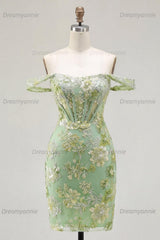 Green Floral Off-the-Shoulder Corset Tight Short Homecoming Dress